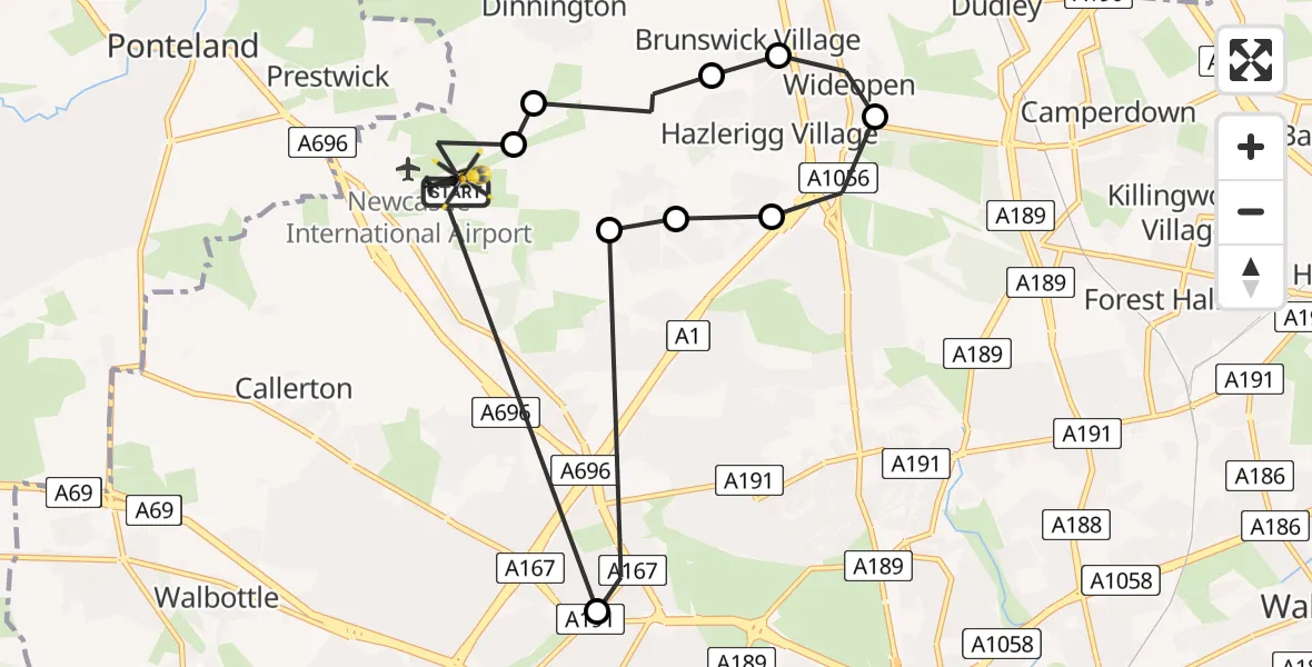 Flight route Police Helicopter Newcastle International Airport - Newcastle International Airport, 02 July 2026, 16:11