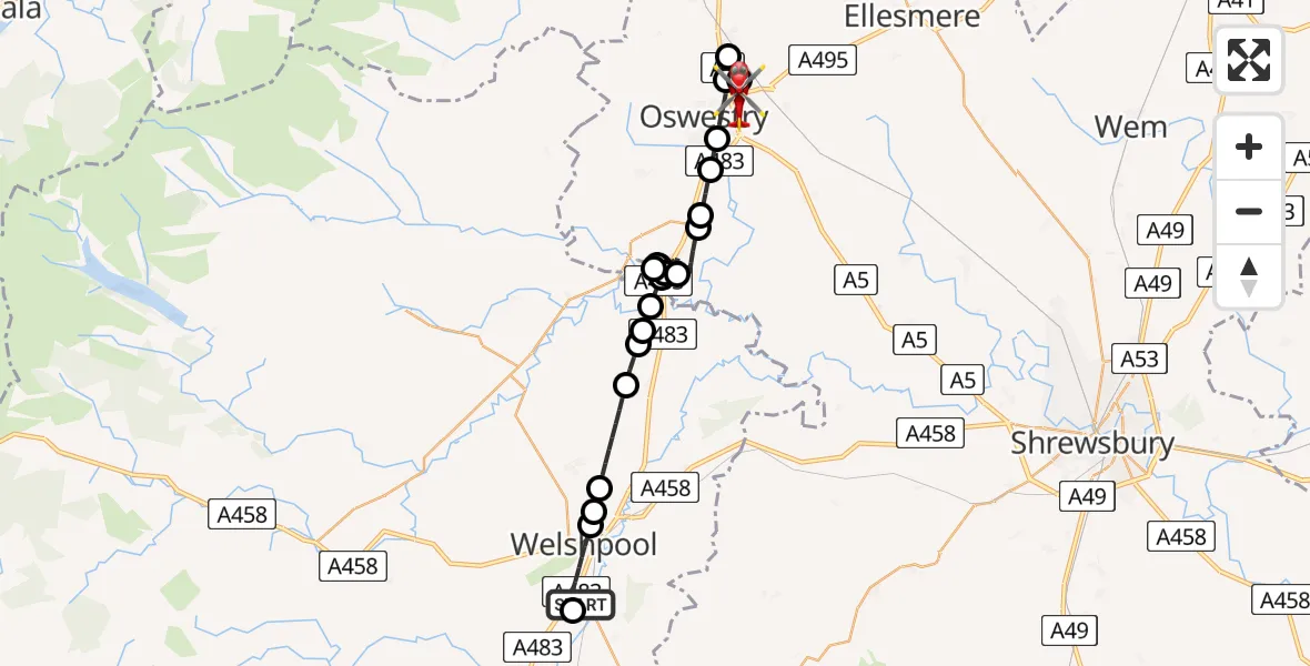 Flight route Air Ambulance Helicopter Welshpool Airport - Park Hall, 02 July 2026, 16:11