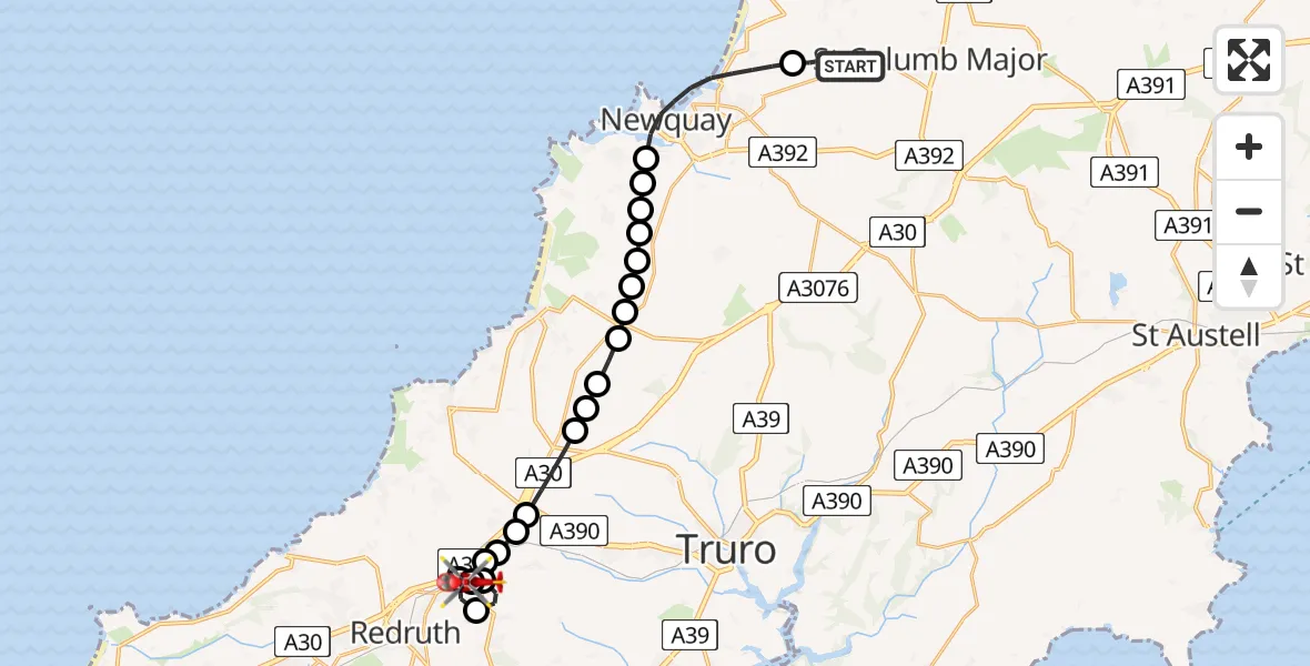 Flight route Air Ambulance Helicopter Cornwall Airport Newquay - Scorrier, 02 July 2026, 16:11
