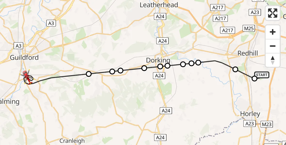 Flight route Air Ambulance Helicopter Redhill Aerodrome - Guildford, 02 July 2026, 16:17