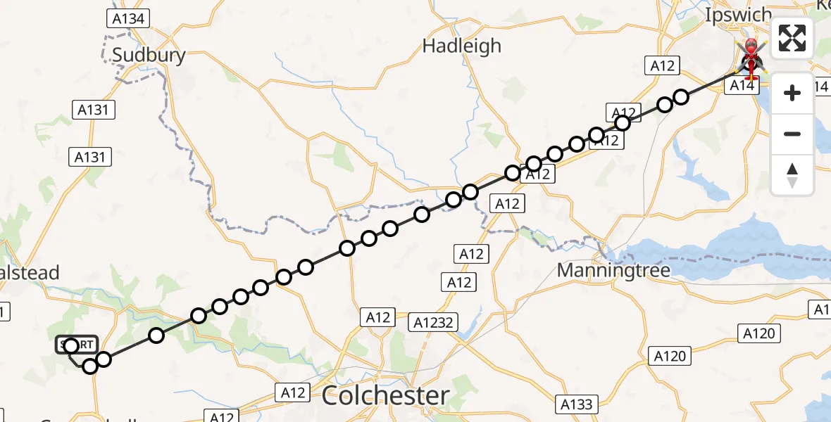 Flight route Air Ambulance Helicopter Earls Colne Airfield - Ipswich, 02 July 2026, 16:21