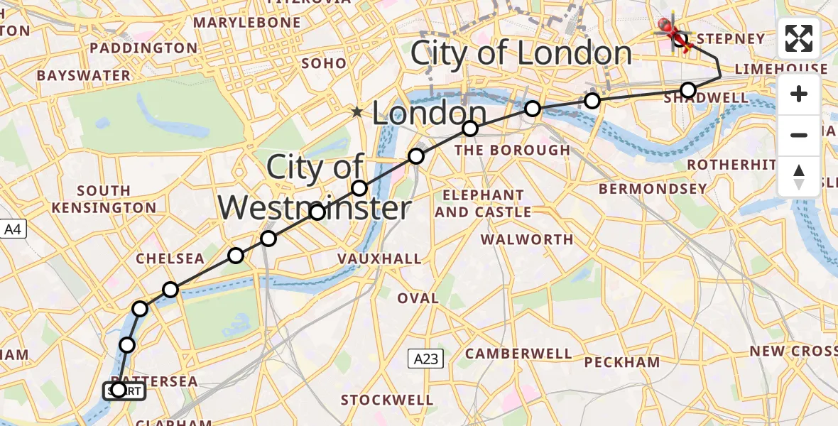 Flight route Air Ambulance Helicopter London Heliport - Royal London Hospital, 02 July 2026, 16:24