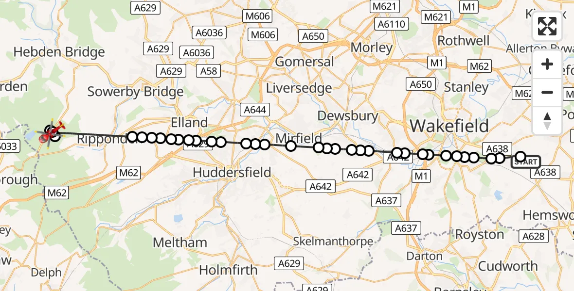 Flight route Air Ambulance Helicopter YAA Nostell Helicopter Port - Hebden Royd, 02 July 2026, 16:26