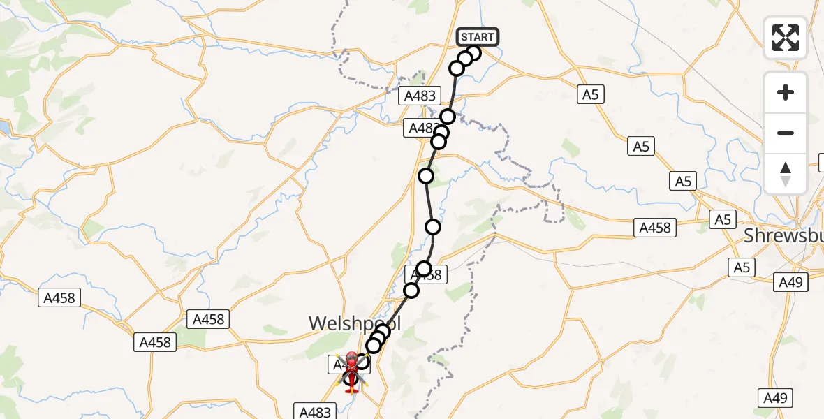 Flight route Air Ambulance Helicopter Maesbury - Welshpool Airport, 02 July 2026, 16:33