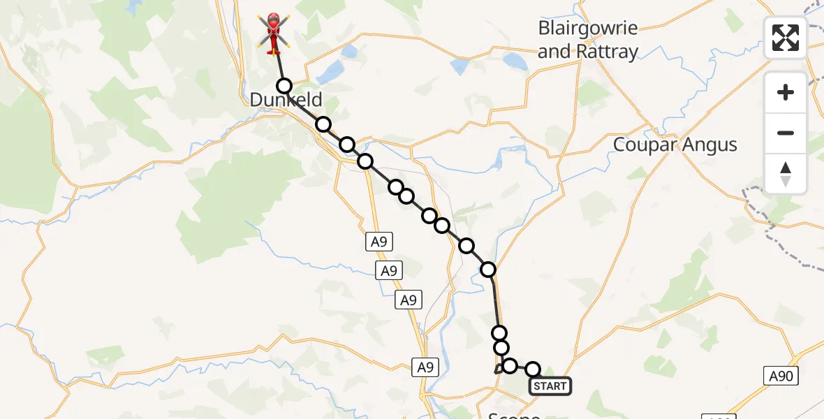 Flight route Air Ambulance Helicopter Perth/Scone Airport - Dunkeld, 02 July 2026, 16:33