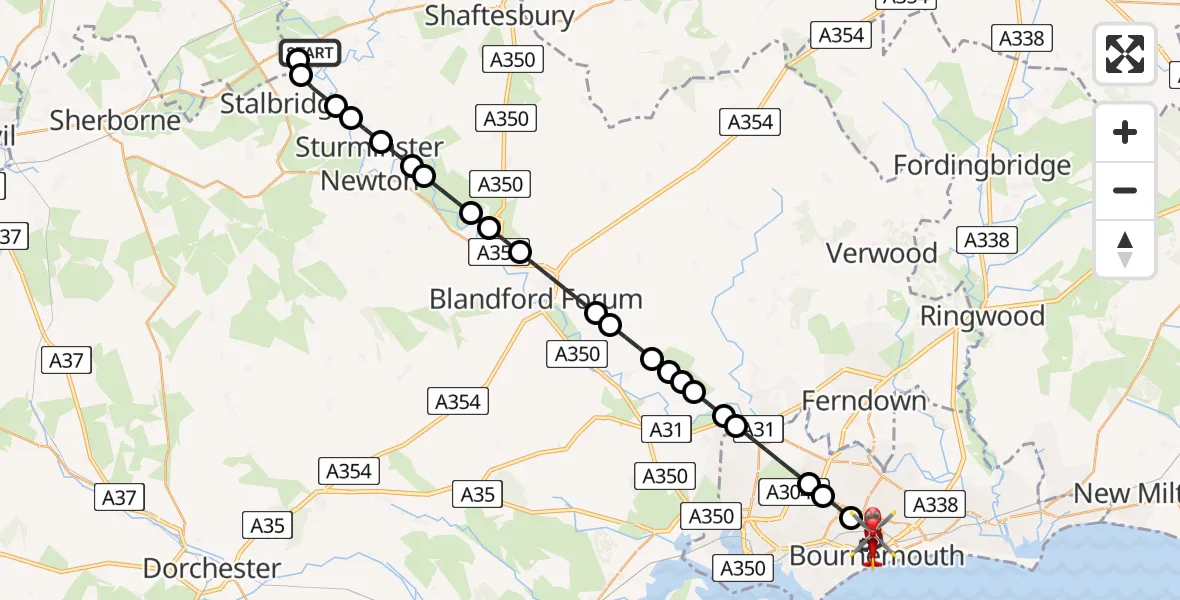 Flight route Air Ambulance Helicopter Henstridge Airfield - Bournemouth, 02 July 2026, 16:38