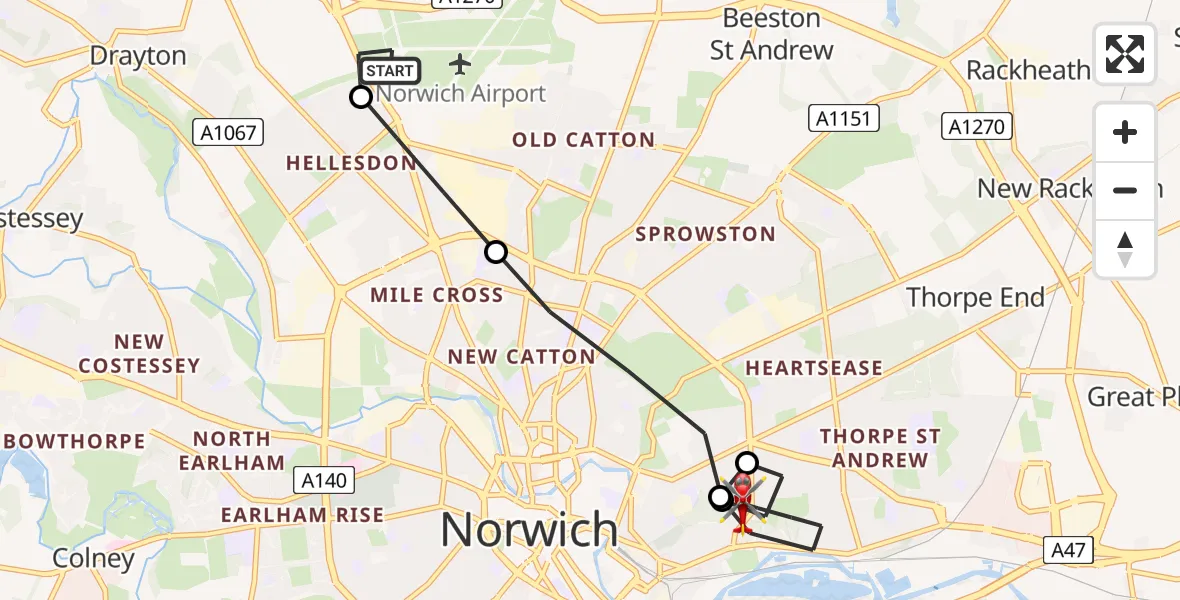 Flight route Air Ambulance Helicopter Norwich Airport - Broadland, 02 July 2026, 16:53