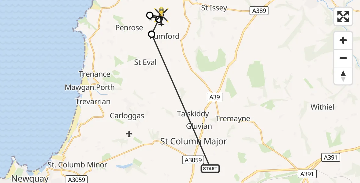 Flight route Police Helicopter St. Columb Major - St. Merryn, 02 July 2026, 16:54