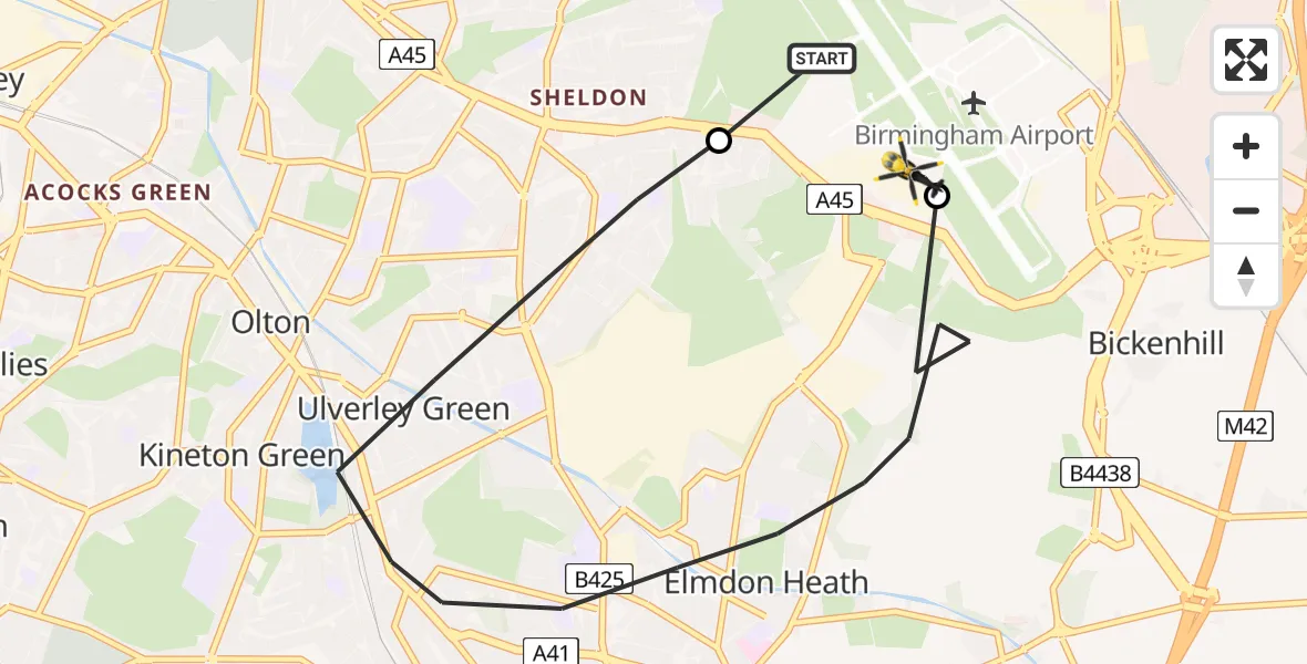 Flight route Police Helicopter Birmingham Airport - Solihull, 02 July 2026, 17:00