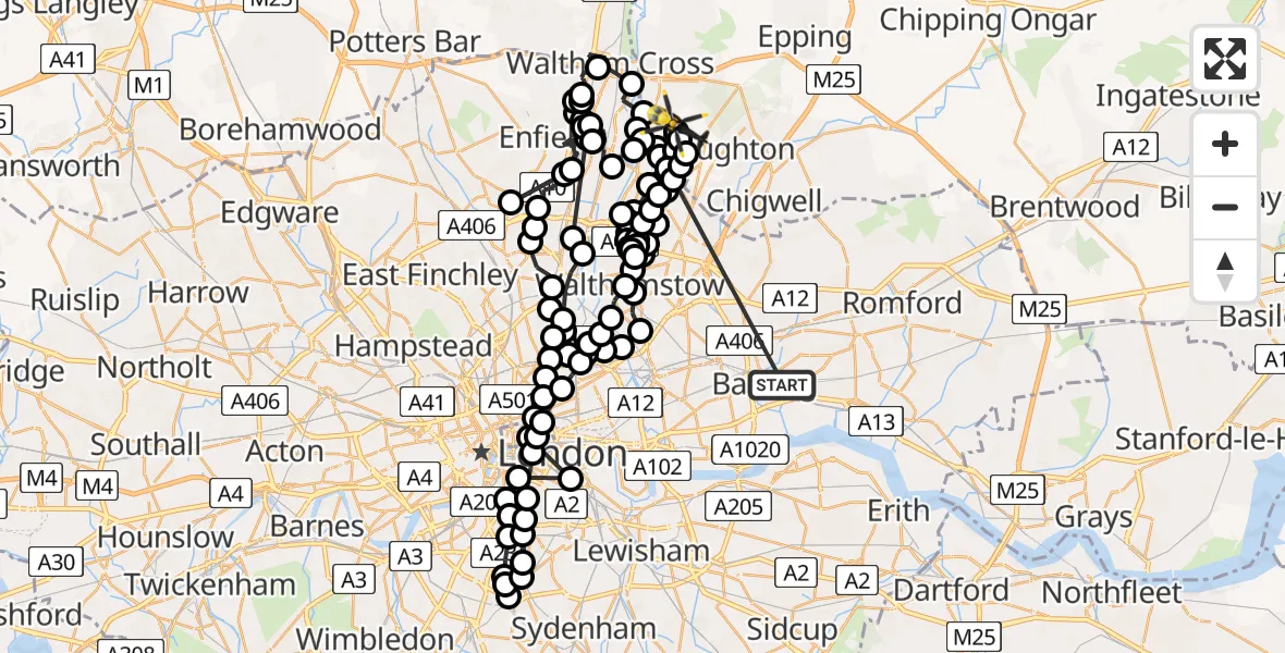 Flight route Police Helicopter Thames View - Sewardstonebury, 02 July 2026, 17:01