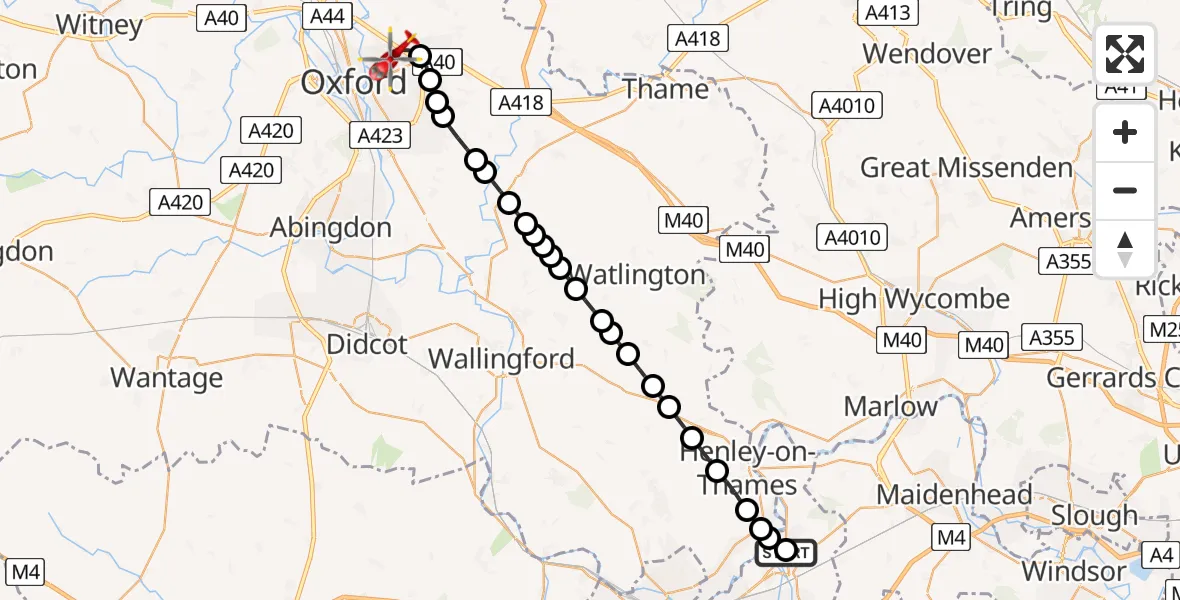 Flight route Air Ambulance Helicopter Twyford - Oxford, 02 July 2026, 17:04