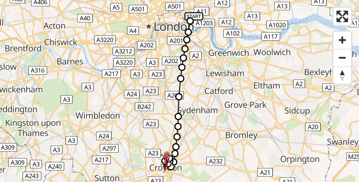Flight route Air Ambulance Helicopter Royal London Hospital - Addiscombe, 02 July 2026, 17:06