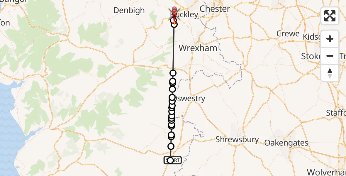 Flight route Air Ambulance Helicopter Welshpool Airport - Mold, 02 July 2026, 17:13