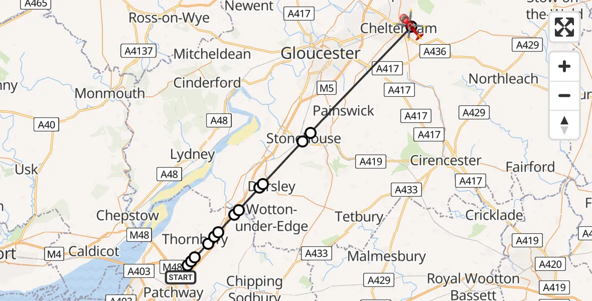 Flight route Air Ambulance Helicopter Hortham - Cheltenham, 02 July 2026, 17:17