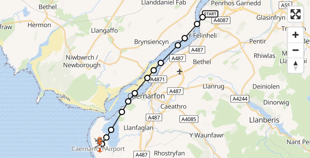 Flight route Coastguard Helicopter Pentir - Caernarfon Airport, 02 July 2026, 17:18