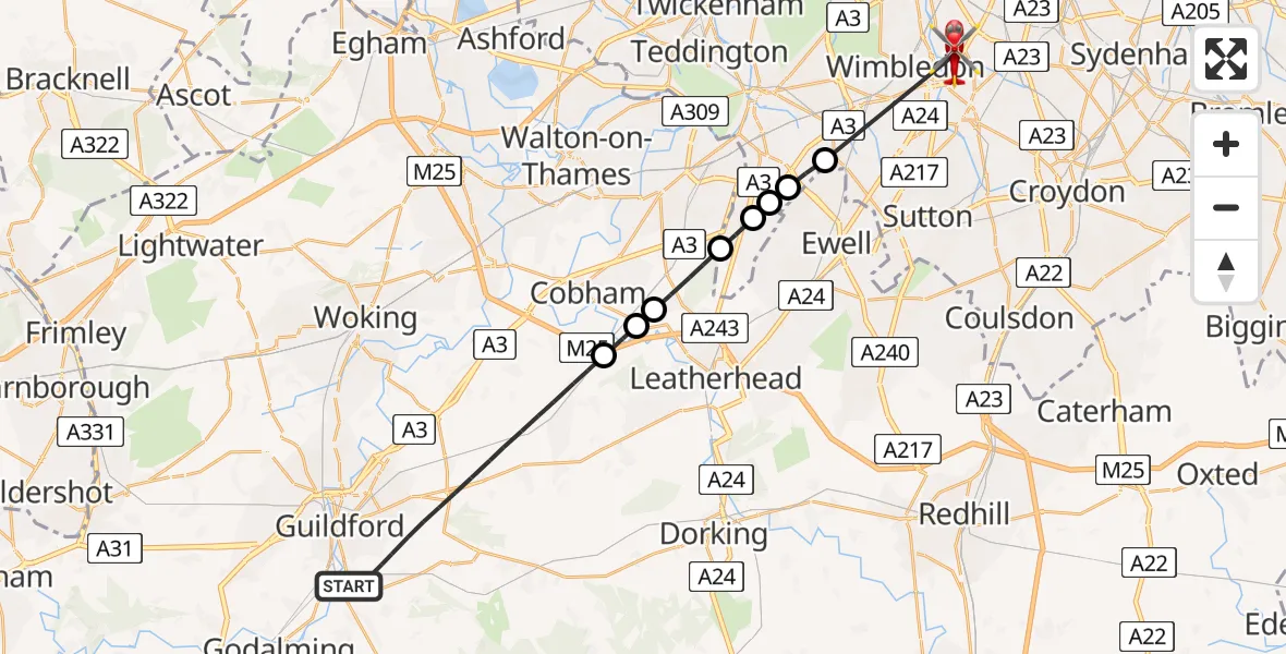 Flight route Air Ambulance Helicopter Guildford - St Georges Hospital, 02 July 2026, 17:18
