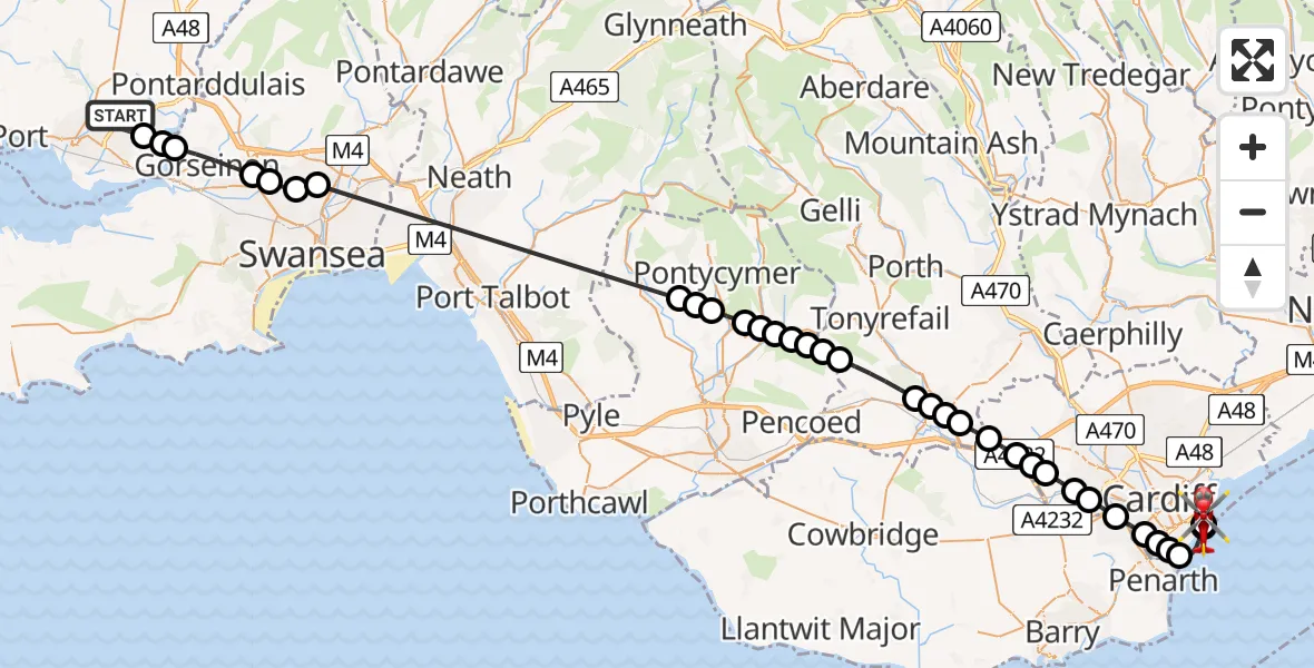 Flight route Air Ambulance Helicopter Dafen - Cardiff Heliport, 02 July 2026, 17:22