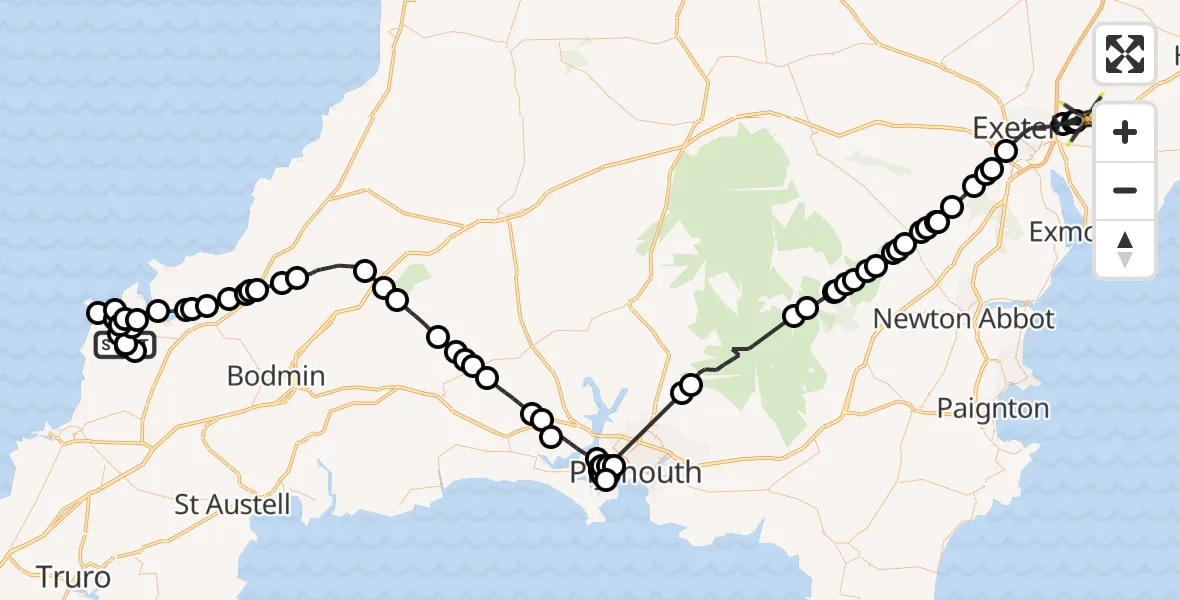 Flight route Police Helicopter St. Merryn - Exeter International Airport, 02 July 2026, 17:22