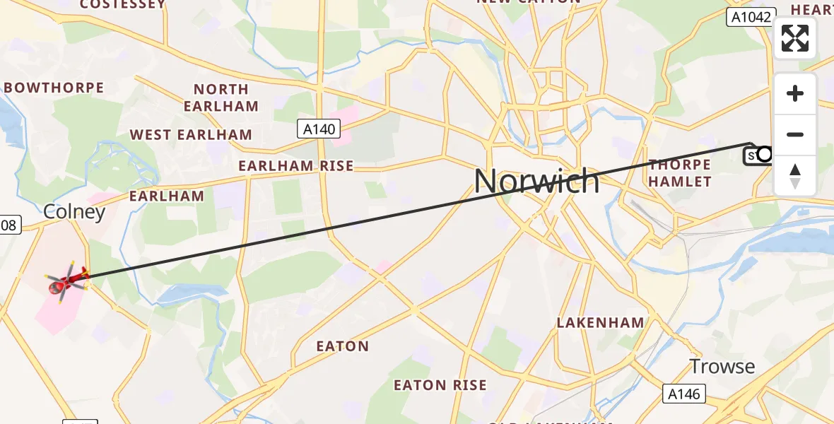 Flight route Air Ambulance Helicopter Norwich - Norfolk & Norwich Hospital, 02 July 2026, 17:24