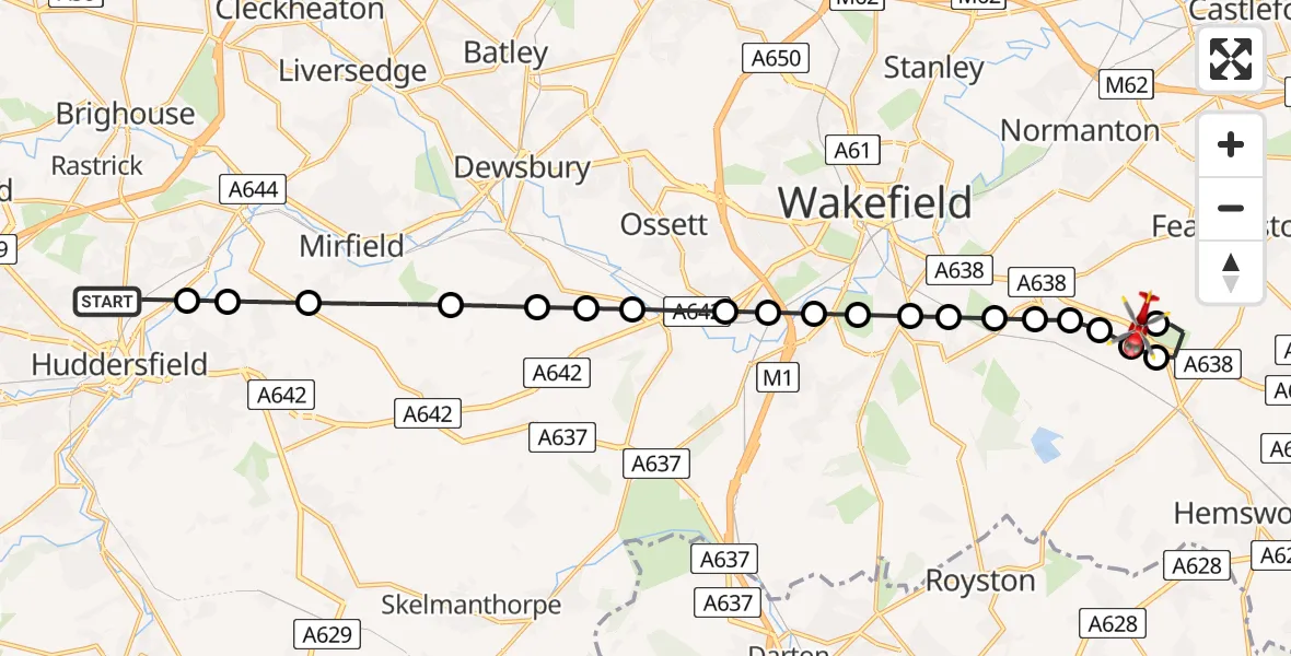 Flight route Air Ambulance Helicopter Huddersfield - YAA Nostell Helicopter Port, 02 July 2026, 17:32