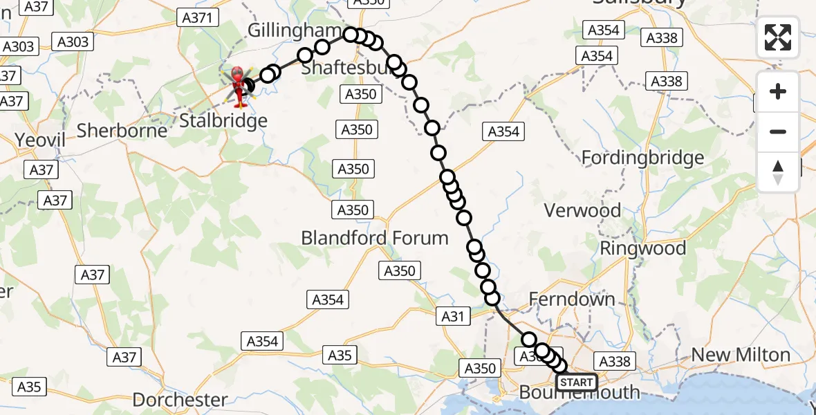 Flight route Air Ambulance Helicopter Bournemouth - Henstridge Airfield, 02 July 2026, 17:32