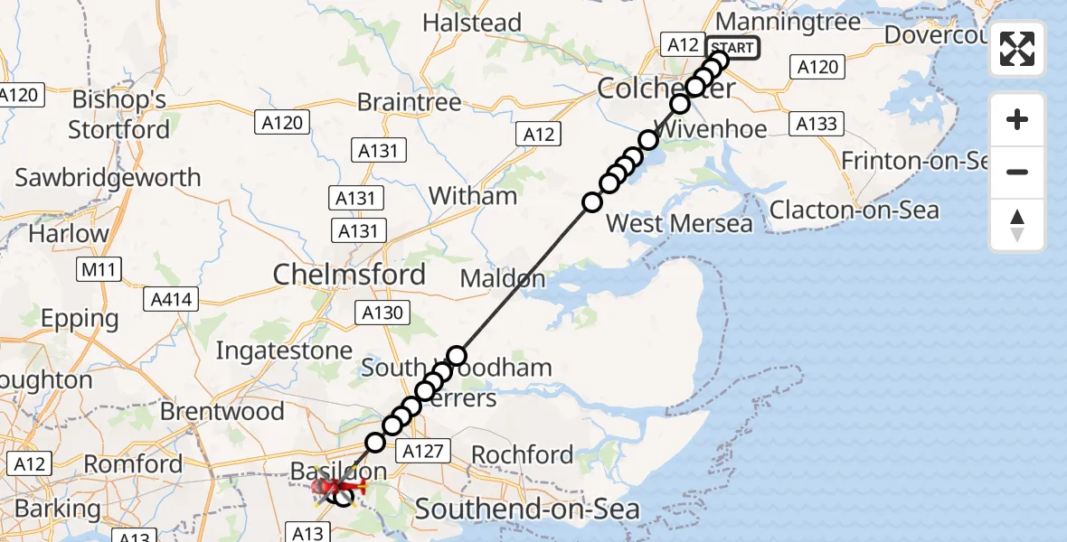 Flight route Air Ambulance Helicopter Ardleigh - Basildon, 02 July 2026, 17:32