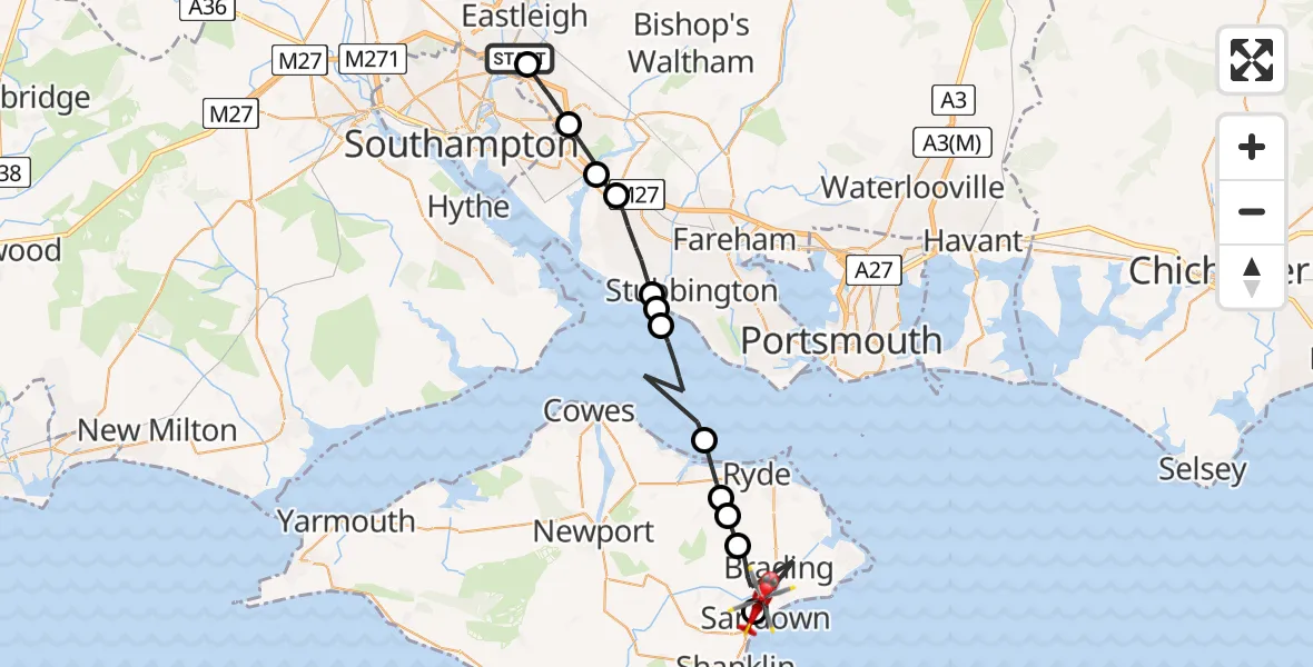 Flight route Air Ambulance Helicopter Southampton Airport - Sandown, 02 July 2026, 17:35