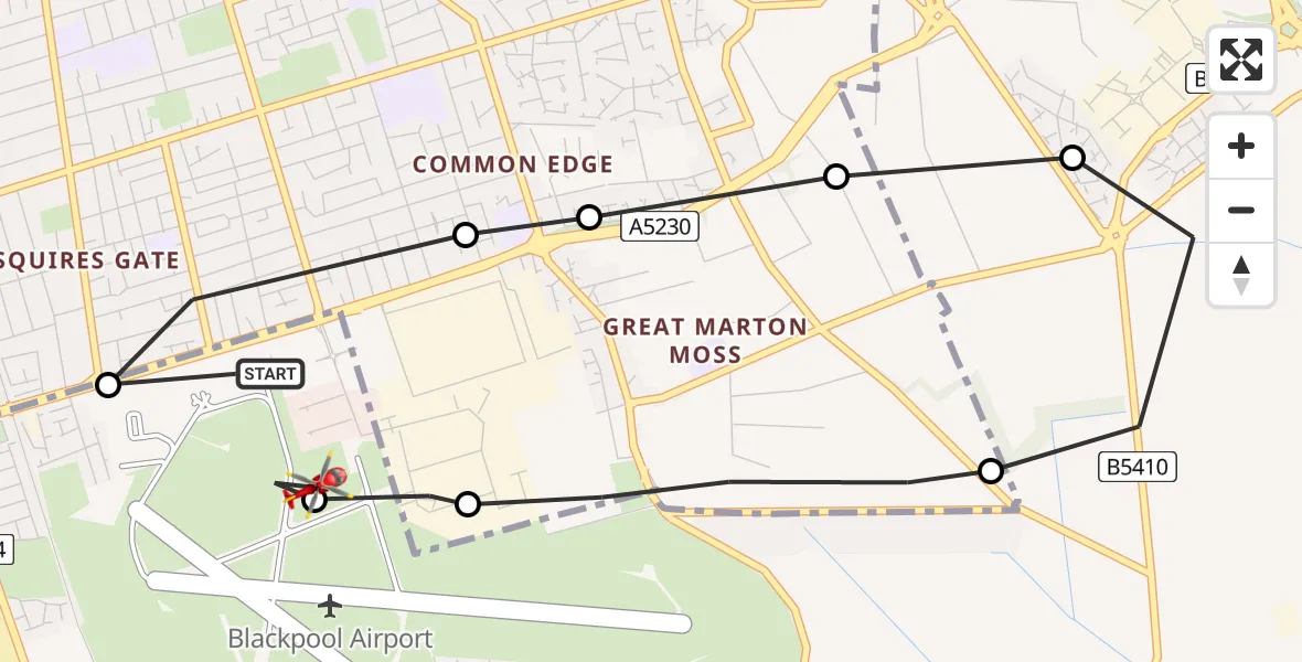 Flight route Air Ambulance Helicopter Blackpool Airport - Blackpool Airport, 02 July 2026, 17:44