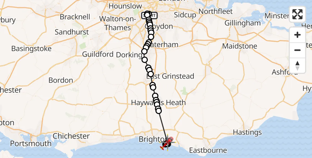 Flight route Air Ambulance Helicopter St Georges Hospital - Peacehaven, 02 July 2026, 17:53