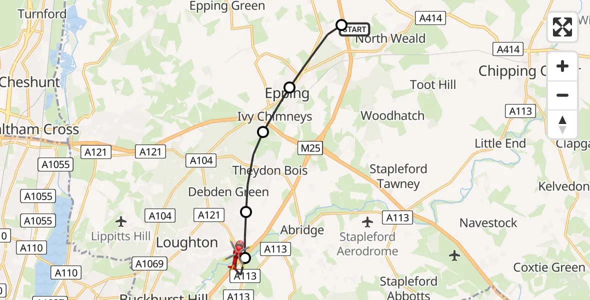 Flight route Air Ambulance Helicopter North Weald Airfield - Chigwell, 02 July 2026, 17:56