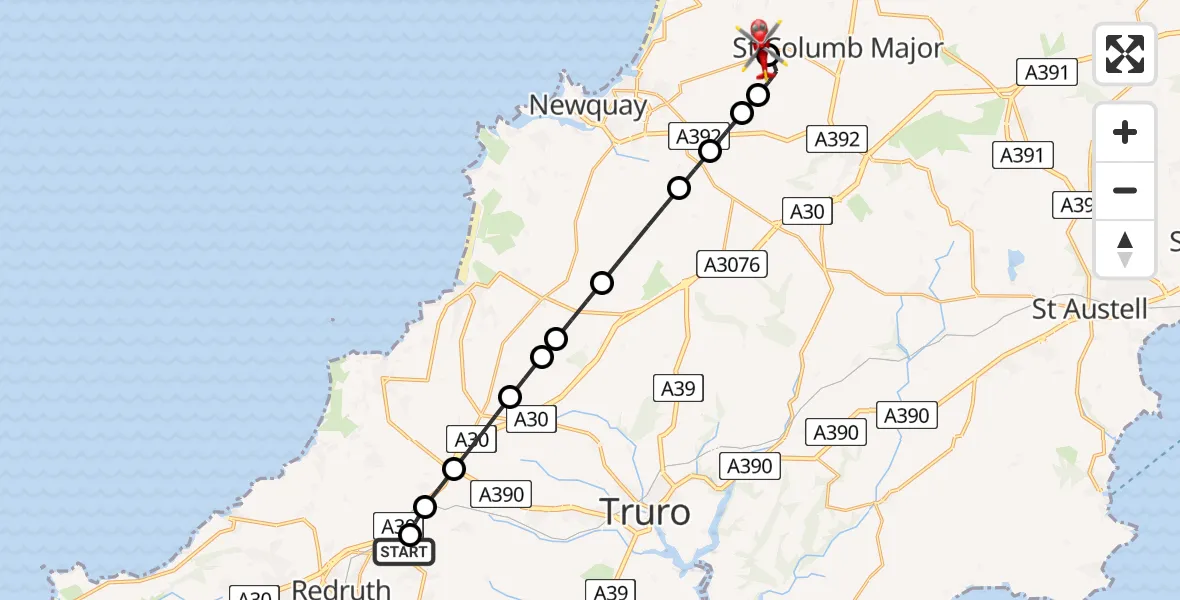 Flight route Air Ambulance Helicopter Scorrier - Cornwall Airport Newquay, 02 July 2026, 18:00