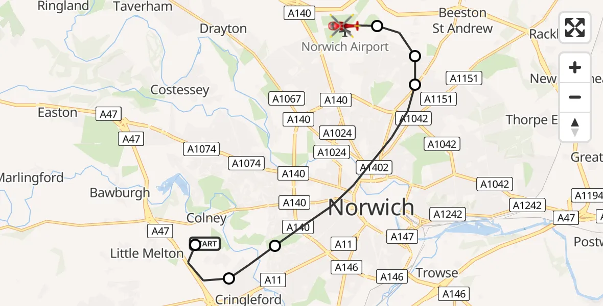 Flight route Air Ambulance Helicopter Norfolk & Norwich Hospital - Norwich Airport, 02 July 2026, 18:00