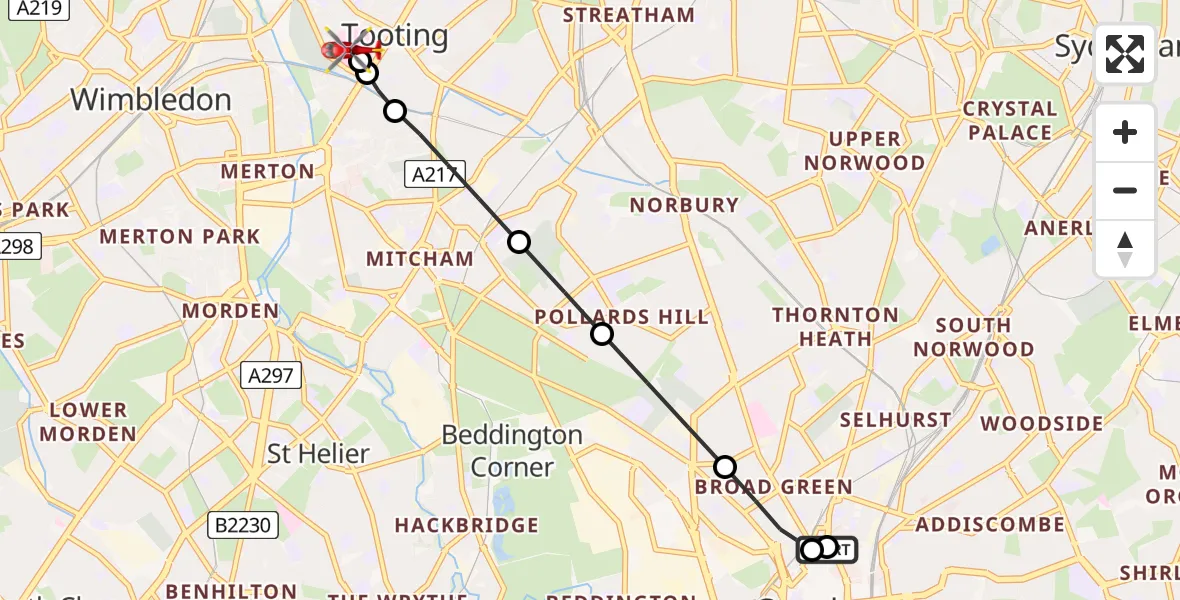 Flight route Air Ambulance Helicopter Broad Green - St Georges Hospital, 02 July 2026, 18:02