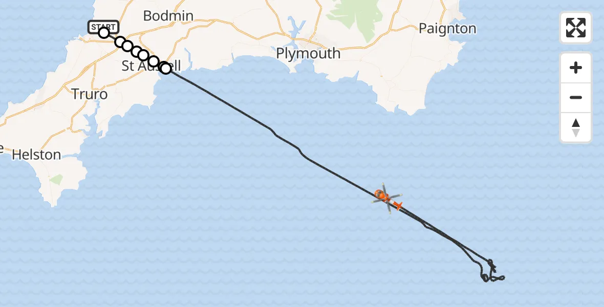Flight route Coastguard Helicopter Cornwall Airport Newquay - English Channel, 02 July 2026, 18:06