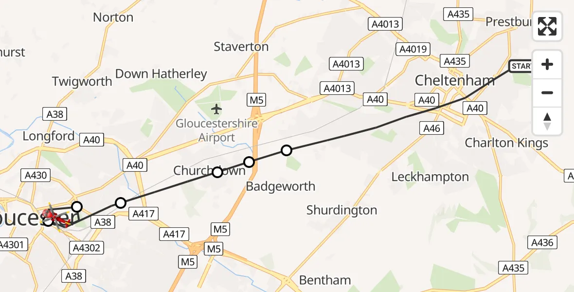 Flight route Air Ambulance Helicopter Cheltenham - Gloucester, 02 July 2026, 18:14