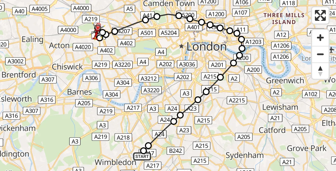 Flight route Air Ambulance Helicopter St Georges Hospital - Shepherd's Bush, 02 July 2026, 18:17