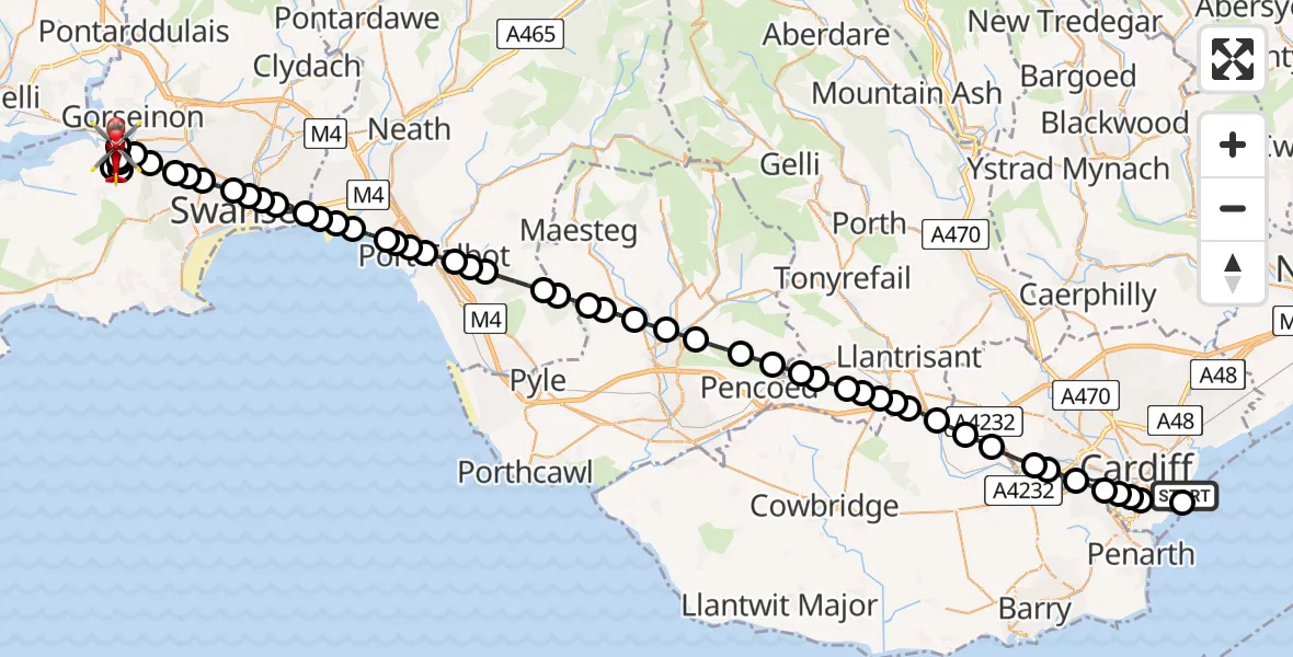 Flight route Air Ambulance Helicopter Cardiff Heliport - Gorseinon, 02 July 2026, 18:21