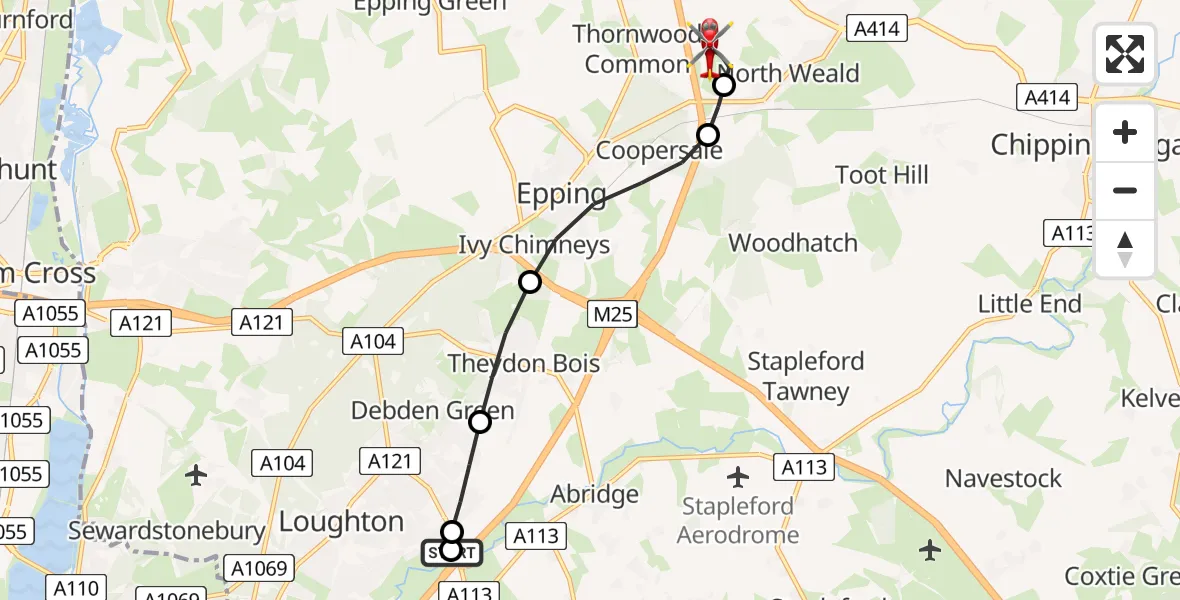 Flight route Air Ambulance Helicopter Loughton - North Weald Airfield, 02 July 2026, 18:24