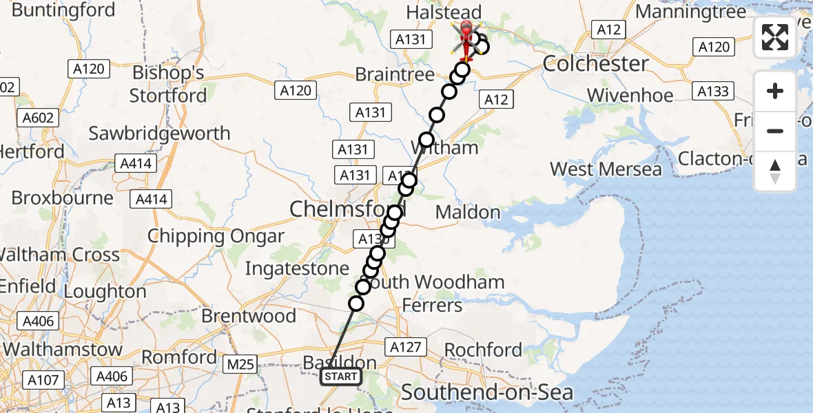 Flight route Air Ambulance Helicopter Basildon - Earls Colne Airfield, 02 July 2026, 18:31