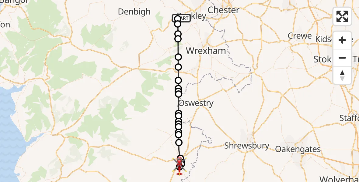 Flight route Air Ambulance Helicopter Mold - Welshpool Airport, 02 July 2026, 18:32