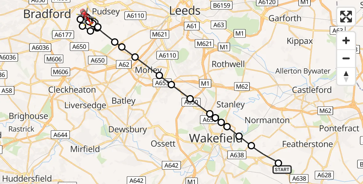 Flight route Air Ambulance Helicopter YAA Nostell Helicopter Port - Pudsey, 02 July 2026, 18:34