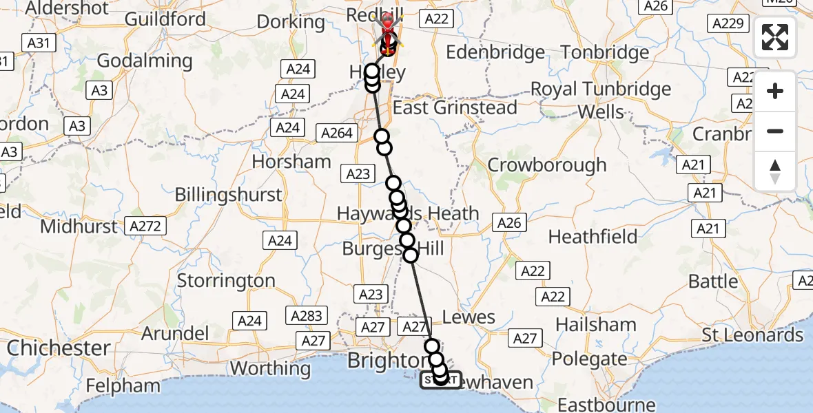 Flight route Air Ambulance Helicopter Rottingdean - Redhill Aerodrome, 02 July 2026, 18:38