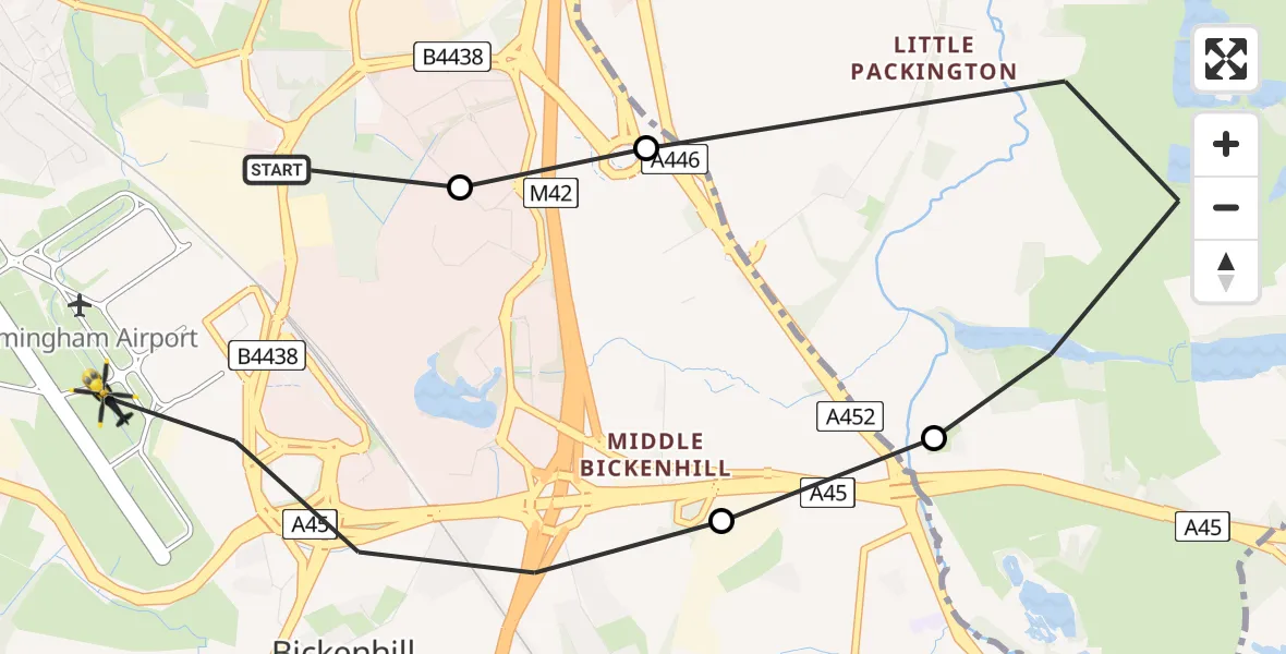 Flight route Police Helicopter Solihull - Birmingham Airport, 02 July 2026, 18:47