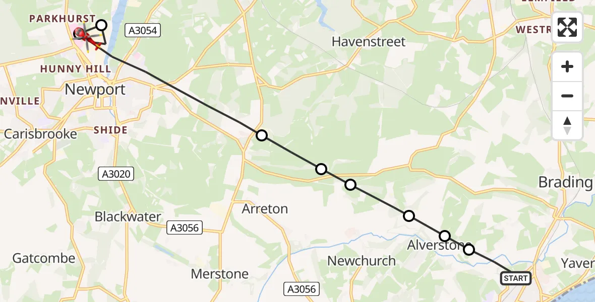 Flight route Air Ambulance Helicopter Sandown - Newport, 02 July 2026, 18:52