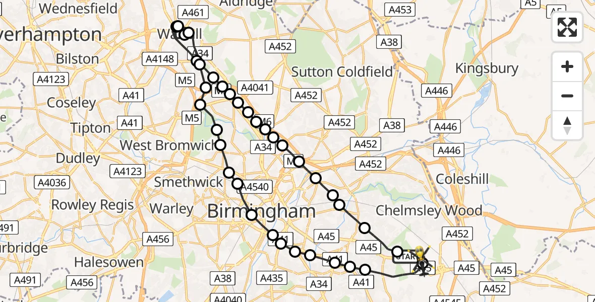 Flight route Police Helicopter Birmingham Airport - Birmingham Airport, 02 July 2026, 19:04