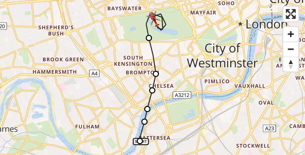 Flight route Air Ambulance Helicopter London Heliport - City of Westminster, 02 July 2026, 19:09