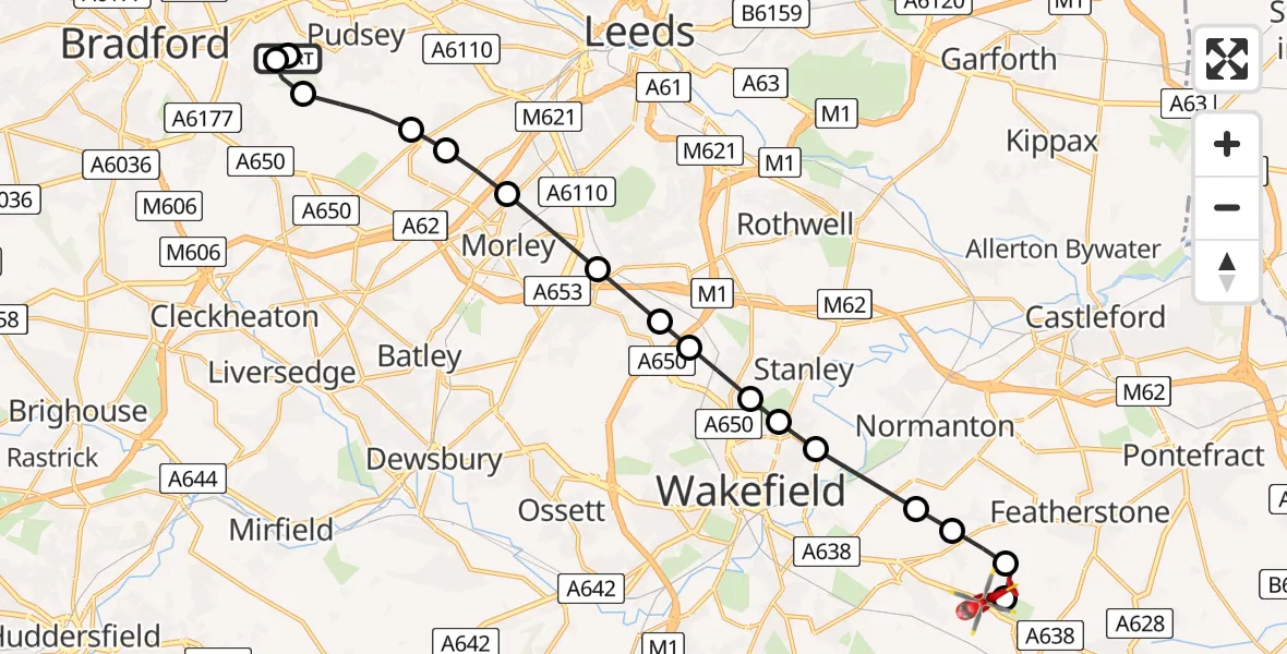 Flight route Air Ambulance Helicopter Pudsey - YAA Nostell Helicopter Port, 02 July 2026, 19:10