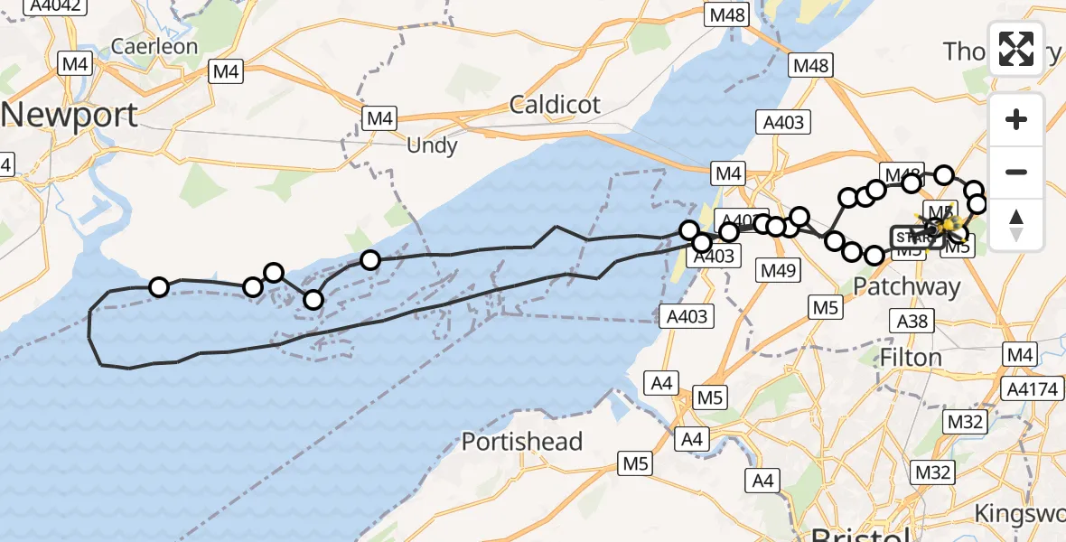 Flight route Police Helicopter Almondsbury - Almondsbury Helicopter Base, 02 July 2026, 19:12