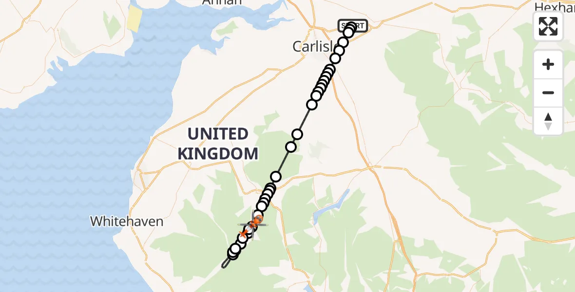 Flight route Coastguard Helicopter Carlisle Lake District Airport - Grange, 02 July 2026, 19:29