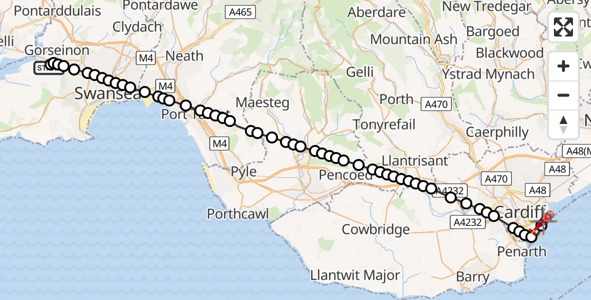 Flight route Air Ambulance Helicopter Gorseinon - Cardiff Heliport, 02 July 2026, 19:30